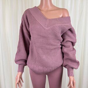 Women's Zenana V-Neck Off The Shoulder Waffle Knit Sweater Dusty Rose Pink